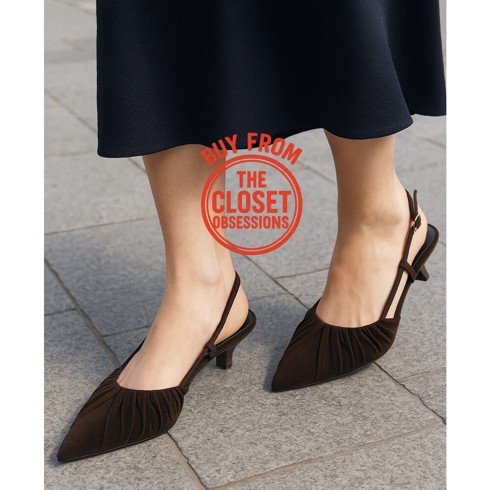 Zara NWT Brown Velvet Ruched Pointed Toe Slingback Kitten Heels 7.5 - Picture 8 of 16